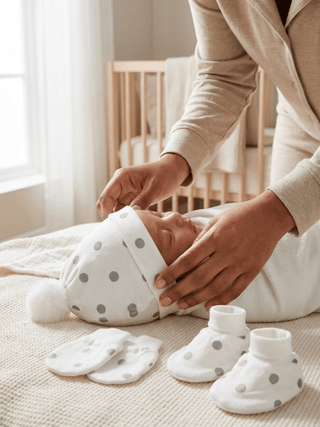 Baby Cap, Mittens & Booties Set – Grey Polka Dot - Kidulan