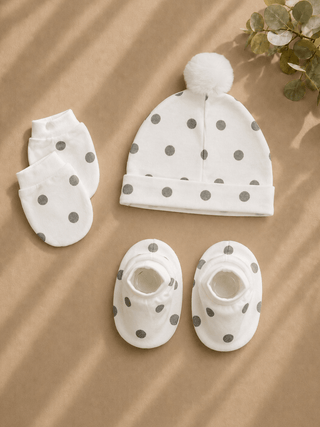 Baby Cap, Mittens & Booties Set – Grey Polka Dot - Kidulan