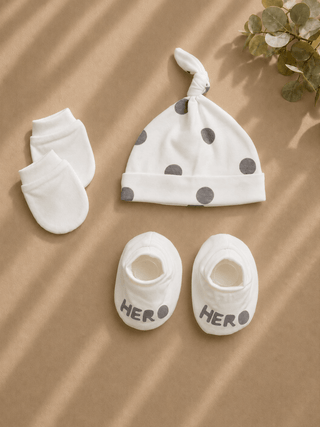 Baby Cap, Mittens & Booties Set – Polka Dot Hero - Kidulan