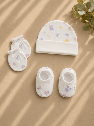 Newborn Cap, Mittens & Booties Set – Essentials Print - Kidulan