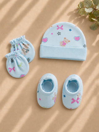 Newborn Cap, Mittens & Booties Set – Blue With Bear Print - Kidulan