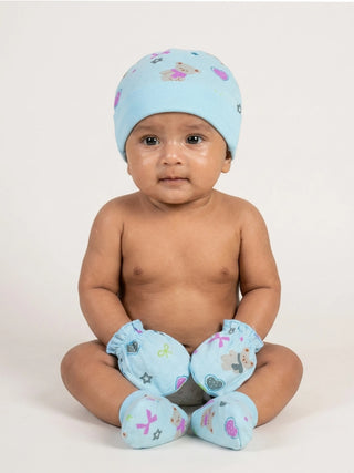 Newborn Cap, Mittens & Booties Set – Blue With Bear Print - Kidulan