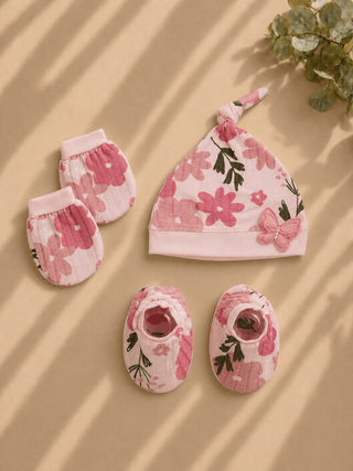 Newborn Cap, Mittens & Booties Set – Floral Print - Kidulan