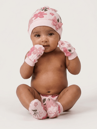 Newborn Cap, Mittens & Booties Set – Floral Print - Kidulan