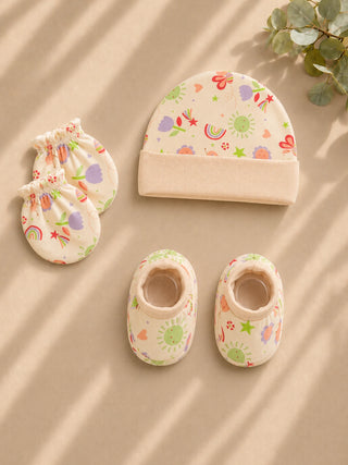 Newborn Cap, Mittens & Booties Set – Beige Print - Kidulan