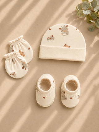 Newborn Cap, Mittens & Booties Set – Cow Print - Kidulan