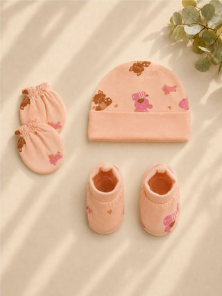 Newborn Cap, Mittens & Booties Set – Peach Print - Kidulan