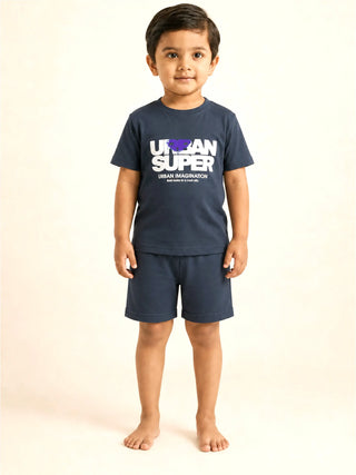 Boys Navy Blue Printed T-Shirt & Shorts Co-ord Set - Kidulan