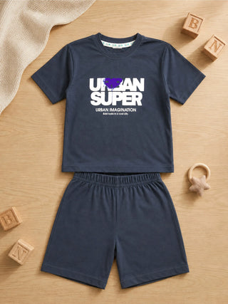 Boys Navy Blue Printed T-Shirt & Shorts Co-ord Set - Kidulan