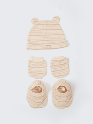 Baby Cap, Mittens & Booties Set – Beige Stripe - Kidulan