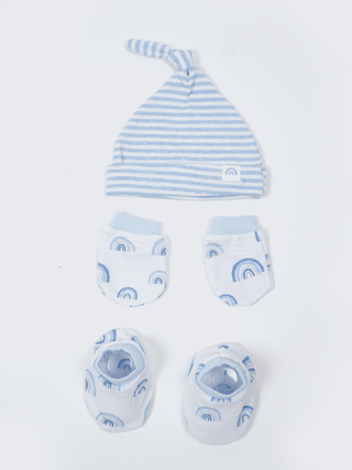 Newborn Cotton Cap, Mittens & Booties Set – Blue Rainbow - Kidulan