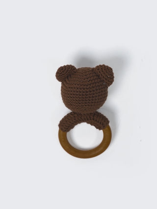 Crochet Bear Wooden Ring Rattle-Brown - Kidulan