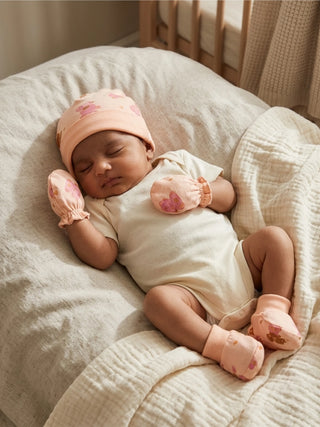 Newborn Cap, Mittens & Booties Set – Peach Print - Kidulan