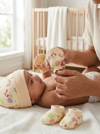 Newborn Cap, Mittens & Booties Set – Beige Print - Kidulan