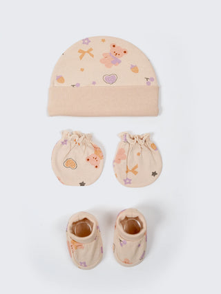 Newborn Cap, Mittens & Booties Set – Bear Print - Kidulan