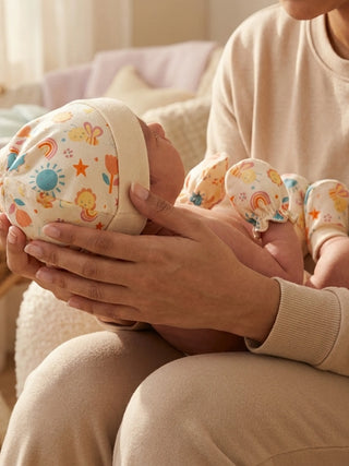 Newborn Cap, Mittens & Booties Set – Cream Print - Kidulan