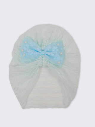 Baby Turban Cap & Booties Set - White With Sky Blue - Kidulan
