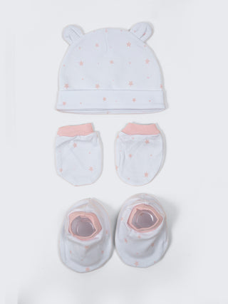 Baby Cap, Mittens & Booties Set – Pink Star Print - Kidulan