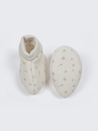 Baby Cream Floral Print Cotton Booties - 0-3 Months - Kidulan