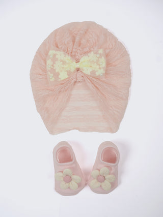 Baby Turban Cap & Booties Set - Peach - Kidulan