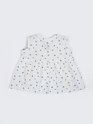 Baby Girls White & Blue Printed Cotton Frock - Kidulan