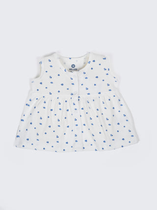 Baby Girls White & Blue Printed Cotton Frock - Kidulan