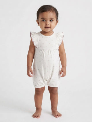 Baby Girls White Printed Ruffle Sleeve Romper - Kidulan
