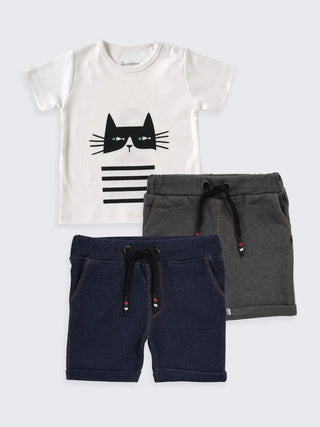 Cat Graphic Tee with Back Print & Shorts Combo – 3 - Piece Summer Set for Boys - Kidulan