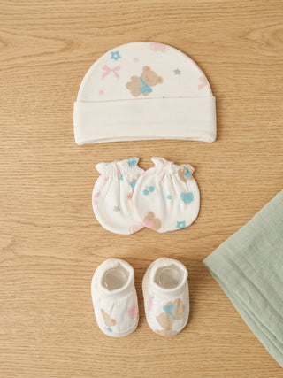 Newborn Cap, Mittens & Booties Set – White Print - Kidulan
