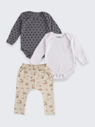 Baby Essentials 3 - Piece Set – 2 Long Sleeve Bodysuits & Printed Diaper Pant - Kidulan