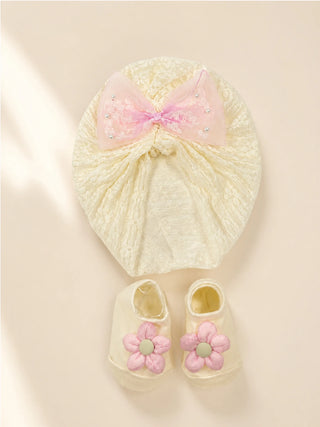 Baby Turban Cap & Floral Booties Set - Yellow With Pink - Kidulan