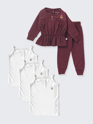 Baby Girl Combo – 3 Camisole Vests + Full Sleeve Solid Frock Set - Kidulan