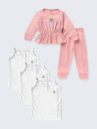 Baby Girl Camisole Vest (3 Pc) & Trendy Pink Frock Set Combo - Kidulan