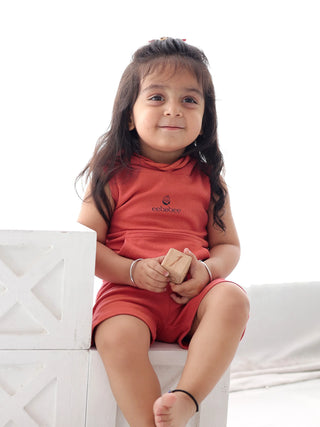 Boys Solid Sleeveless Hooded Set - Coral Edition - Kidulan