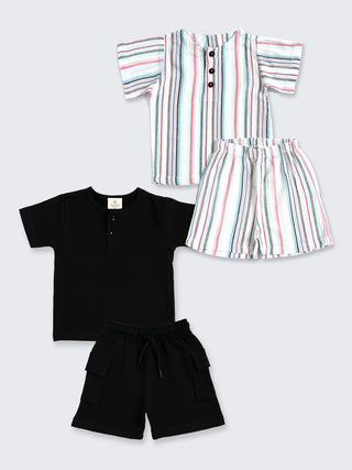 Unisex 2 - Set Summer Combo – Black Solid & Striped Shorts Set - Kidulan