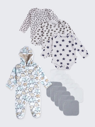 Baby Essentials Combo – 3 Long Sleeve Bodysuits, 10 Washcloths & 1 Hooded Sleepsuit - Kidulan