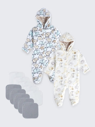 Baby Winter Essentials – 2 Hooded Sleepsuits + 10 Flannel Washcloths - Kidulan