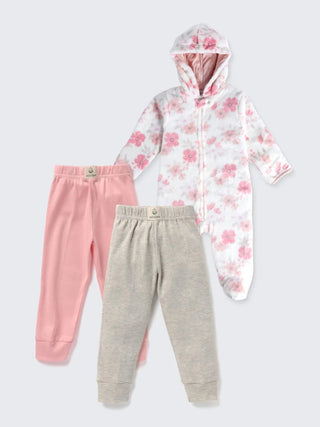 Baby Girl Winter Bundle – Hooded Warm Sleepsuit with 2 Comfy Pants - Kidulan