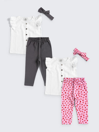 Twin Style Combo Set for Baby Girls – 2 Tops, 2 Leggings & 2 Headbands - Kidulan