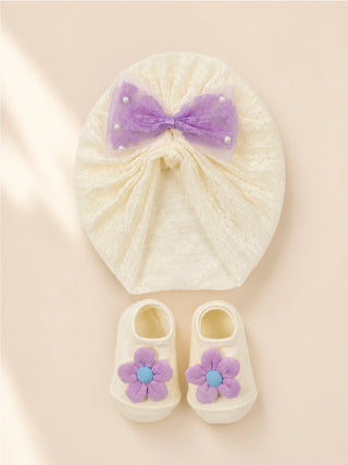 Baby Turban Cap & Booties Set - Cream With Purple - Kidulan