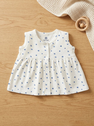 Baby Girls White & Blue Printed Cotton Frock - Kidulan