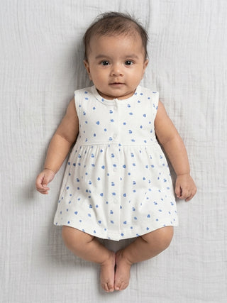 Baby Girls White & Blue Printed Cotton Frock - Kidulan