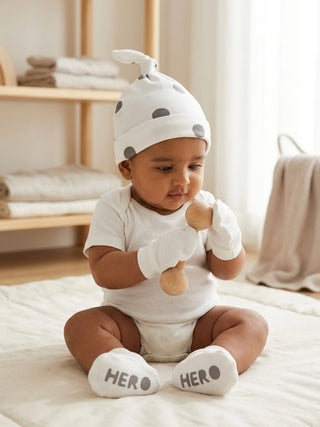 Baby Cap, Mittens & Booties Set – Polka Dot Hero - Kidulan