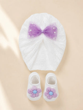 Baby Turban Cap & Booties Set - Cream With Lavender - Kidulan