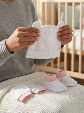 Baby Cap, Mittens & Booties Set – Pink Star Print - Kidulan
