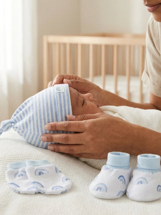 Newborn Cotton Cap, Mittens & Booties Set – Blue Rainbow - Kidulan