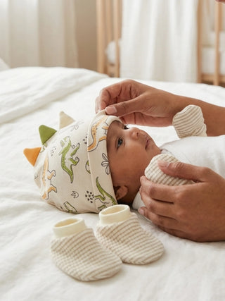 Newborn Cap, Mittens & Booties Set – Dinosaur Print - Kidulan