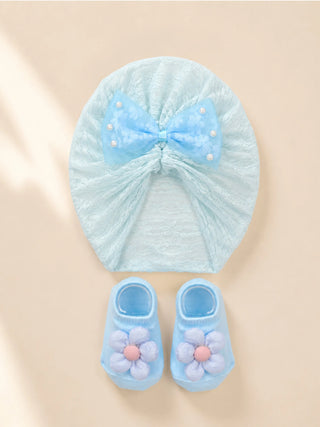 Baby Turban Cap & Booties Set - White With Sky Blue - Kidulan