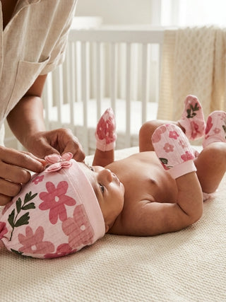 Newborn Cap, Mittens & Booties Set – Floral Print - Kidulan