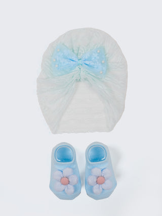 Baby Turban Cap & Booties Set - White With Sky Blue - Kidulan